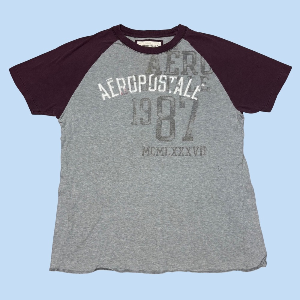 Aeropostale Mens Raglan T-Shirt Grey Burgundy Embroidered 1987 Graphic Large